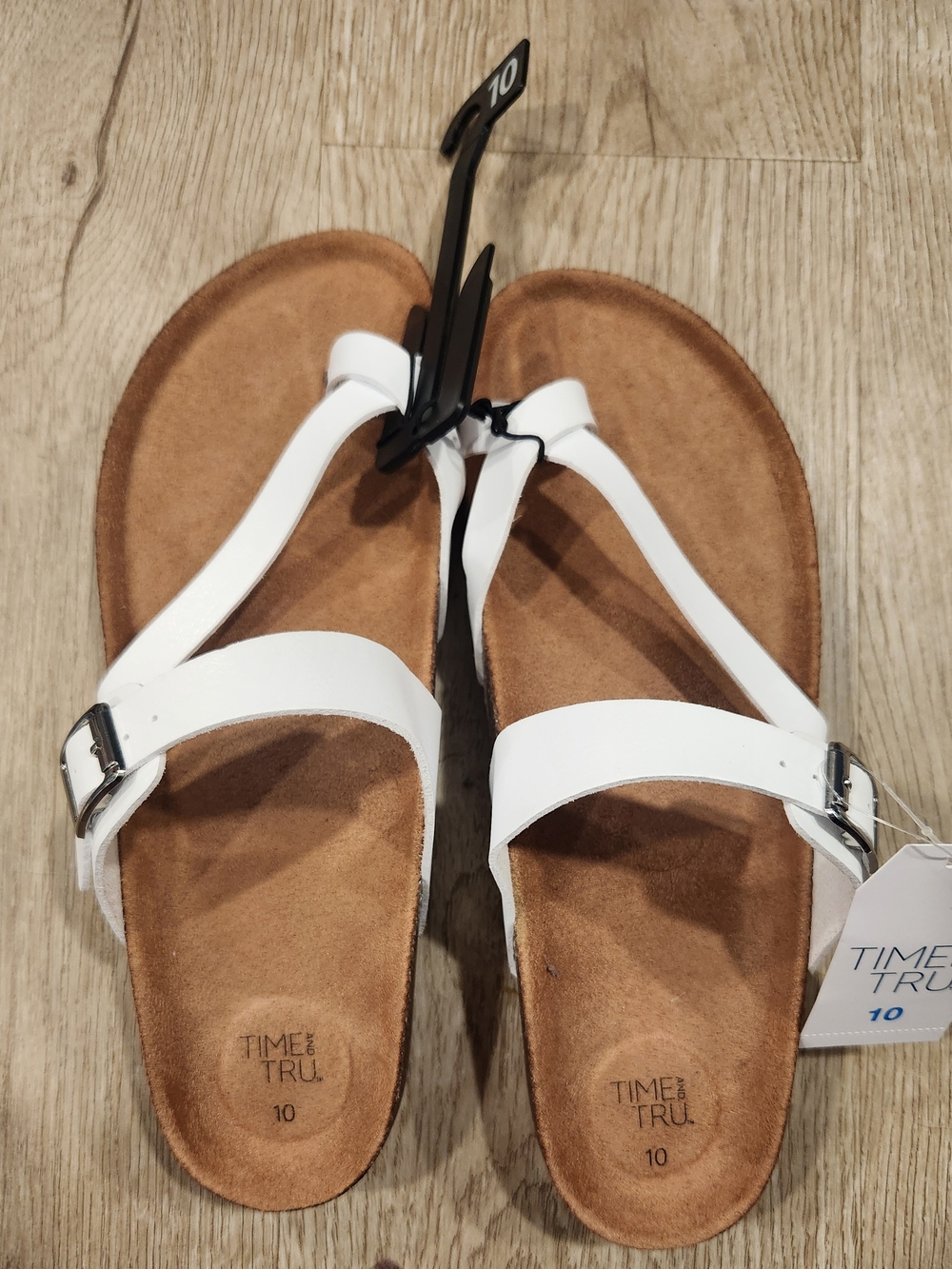 Time and Tru White Buckle T-Strap Women's Sandals